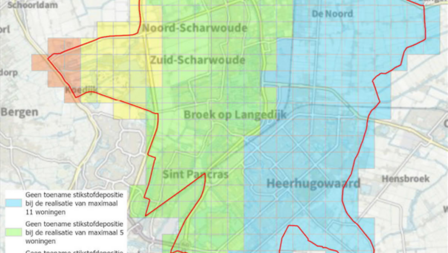 Kaartje van de gemeente Dijk en Waard. De gemeente is op dit kaartjes in vier delen verdeeld. Ieder deel heeft een kleurtje wat verwijst naar toename van stikstof als er in dat gebied gebouwd gaat worden.